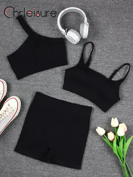 CHRLEISURE Комплект для йоги из 3 предметов, бесшовные шорты для фитнеса с высокой талией, спортивные леггинсы для тренировок, пуш-ап, женский летний бюстгальтер для йоги для бега