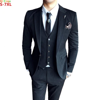 S-7XL (куртка + жилет + брюки) Модный бутик, официальный деловой мужской костюм, комплект из 3 предметов, свадебное платье жениха, костюм в полоску, сцена шоу