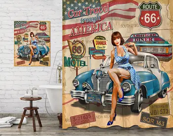 Декор ванной комнаты, Занавески для душа и живопись, Дизайн ретро-автомобиля Beauty Girl Route 66