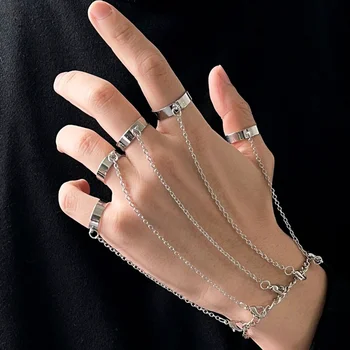 Модные Панковские геометрические серебряные кольца с цепочкой на запястье для женщин и мужчин, Очаровательные хип-хоп Цепочки, Открытые кольца, Пара модных украшений