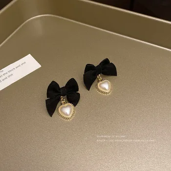 Серьги-гвоздики премиум-класса, черные бархатные серьги с бантом, жемчужные серьги в виде персикового сердечка, модные женские серьги 2022 года